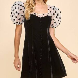 Elegant Black Velvet Dress with Polka Dot Sleeves